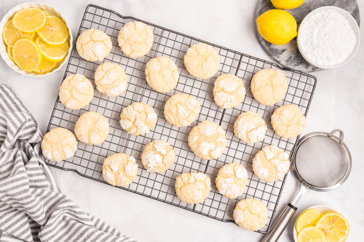 overhead shot of lemon cookies on cooling rack showing matte tops 