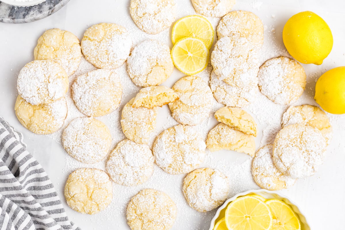 overhead view of homemade lemon cooler cookies with powdered sugar