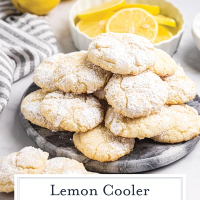 angled shot of tray of lemon cooler cookies with text overlay
