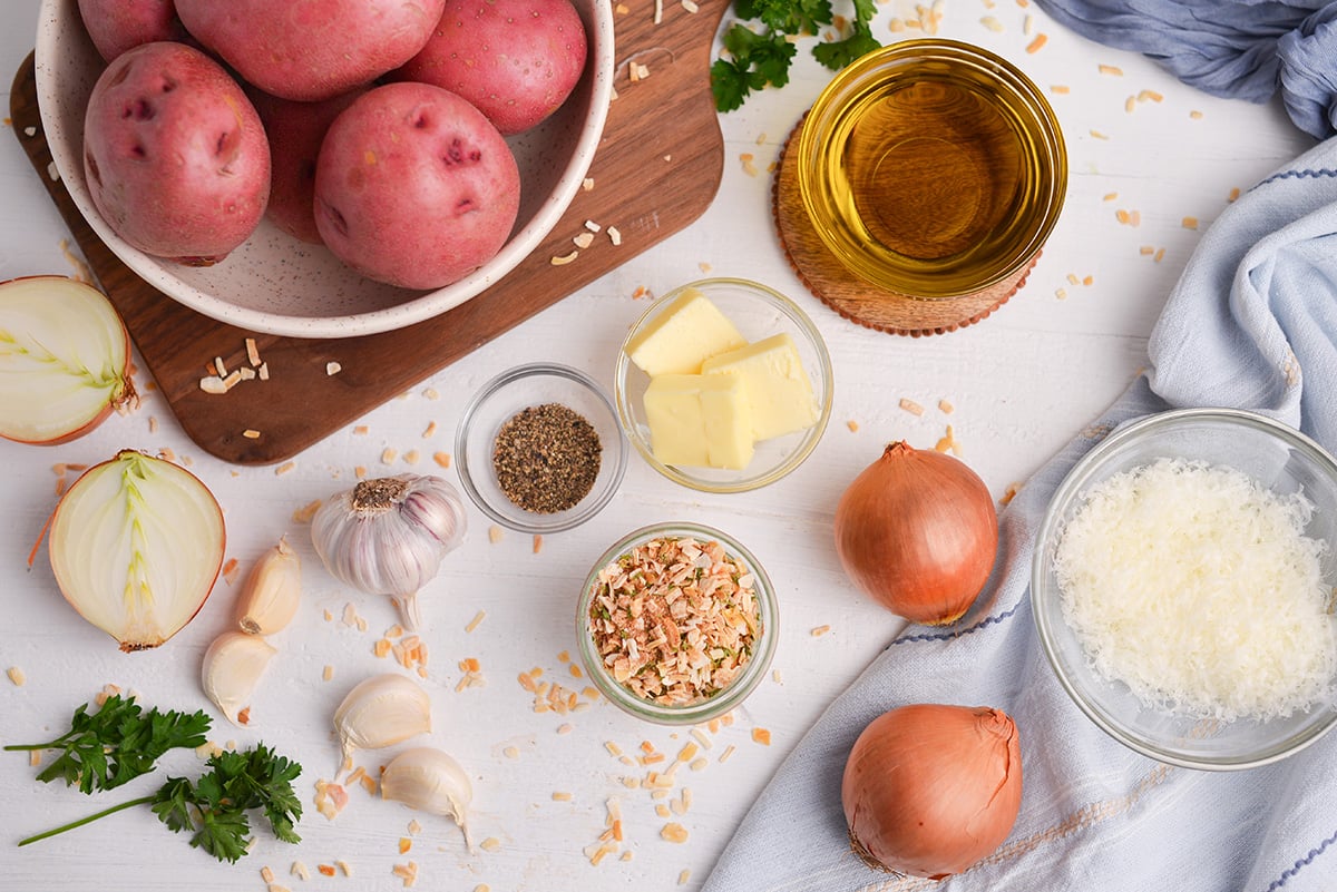 overhead shot of onion soup mix potatoes ingredients
