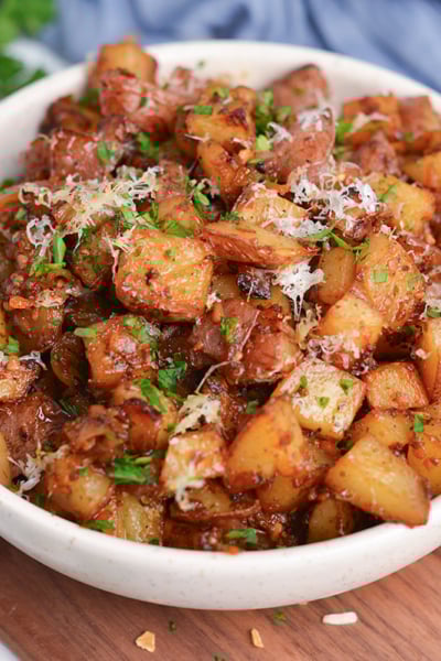 crispy onion soup potatoes served in white bowl