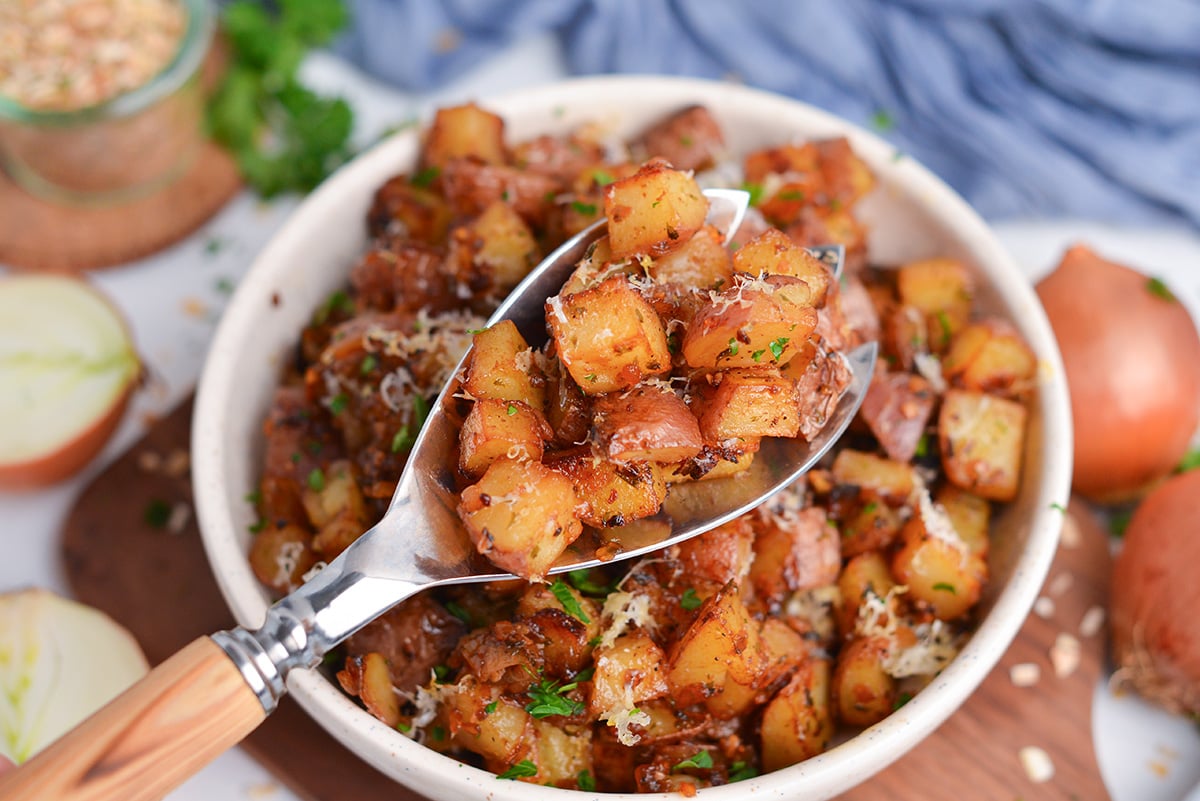 oven roasted red potatoes with onion soup mix close up