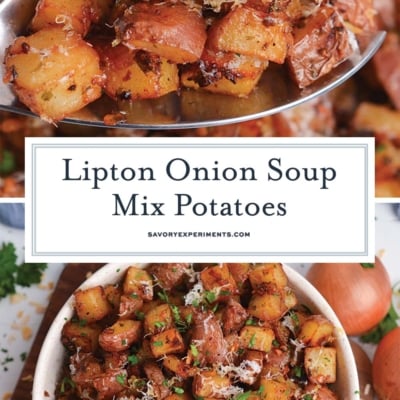 collage of lipton onion soup potatoes