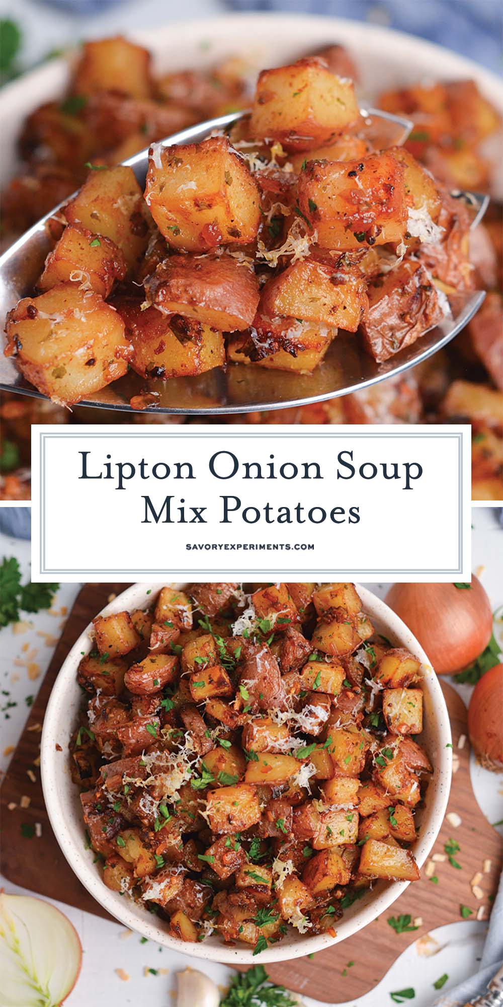 collage of lipton onion soup potatoes