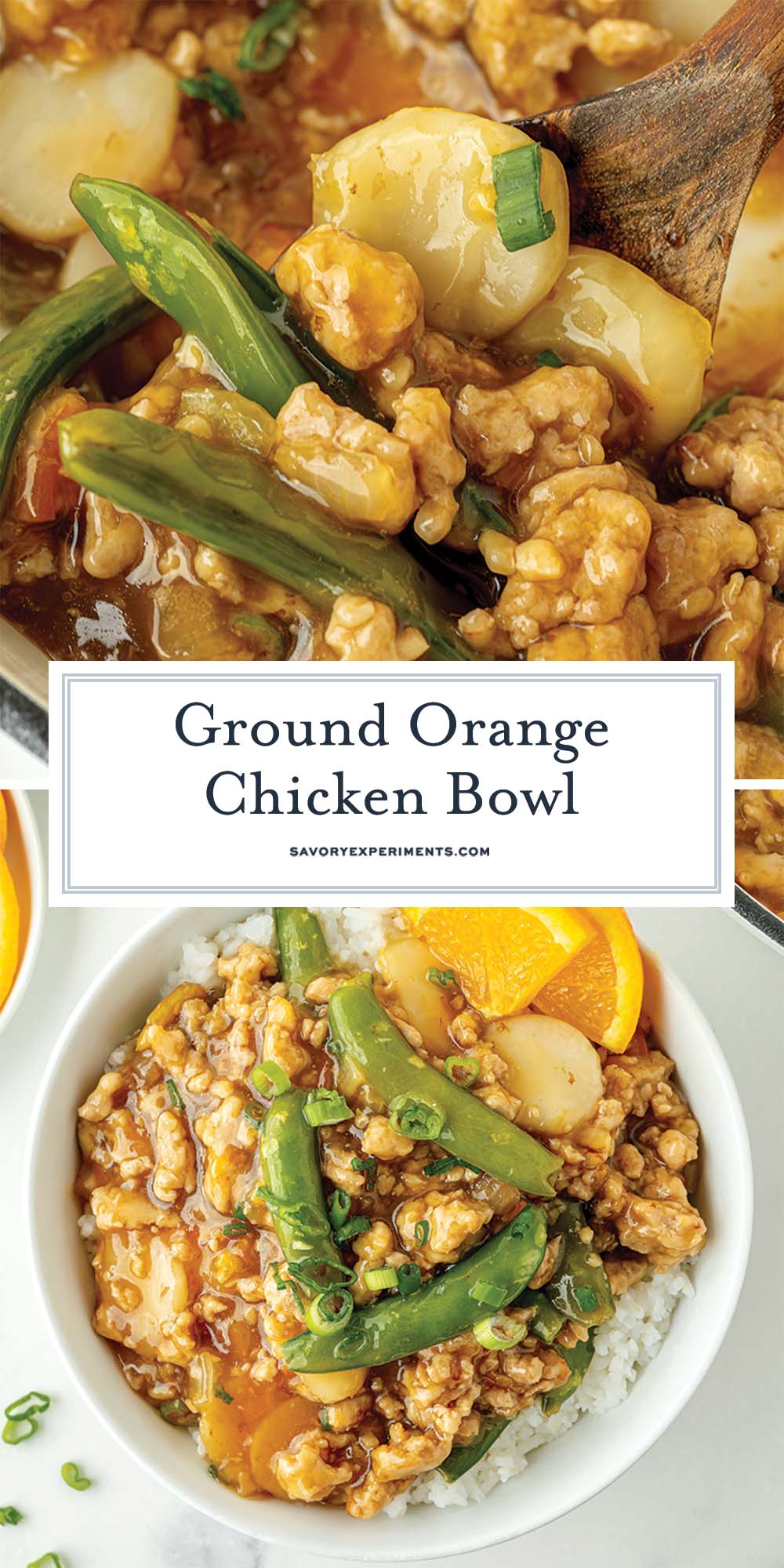 collage of ground orange chicken bowls