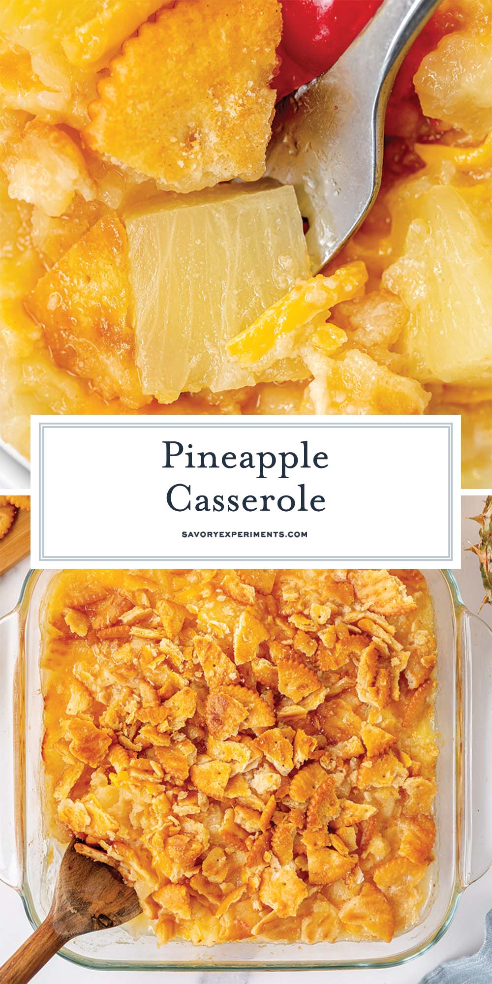 Collage showing pineapple casserole ingredients, baking steps, and finished dish