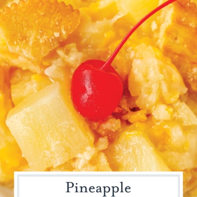 close up overhead shot of pineapple casserole on plate with text overlay